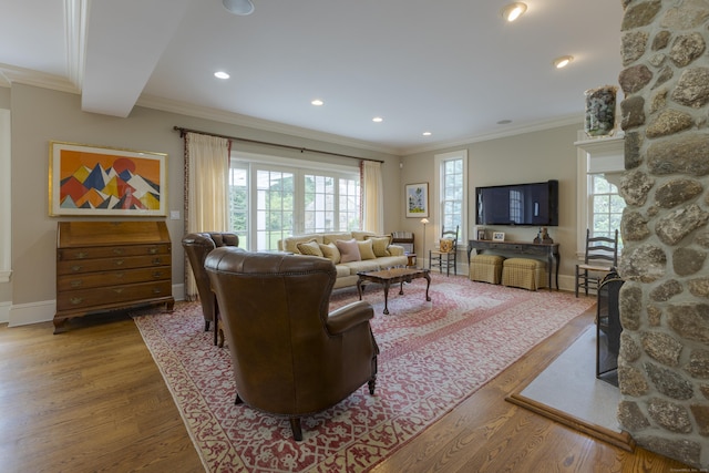 37 Lantern Hill Rd, Madison, CT 06443 - living area featuring wood finished floors, crown molding, and recessed lighting