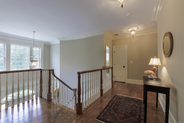 37 Lantern Hill Rd, Madison, CT 06443 - hallway with an upstairs landing, wood finished floors, and ornamental molding