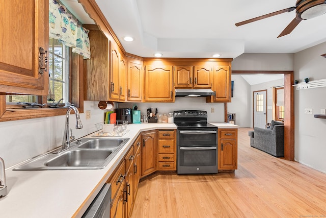 241 New London Rd, Colchester, CT 06415 - kitchen with appliances with stainless steel finishes, under cabinet range hood, a ceiling fan, light wood-style flooring, and recessed lighting