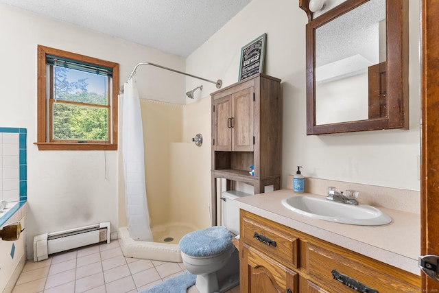 241 New London Rd, Colchester, CT 06415 - bathroom with baseboard heating, toilet, a shower stall, tile patterned floors, and vanity