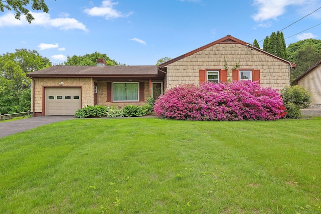 15 Burton Ave, Trumbull, CT 06611 - ranch-style home with an attached garage, driveway, a front lawn, and a chimney