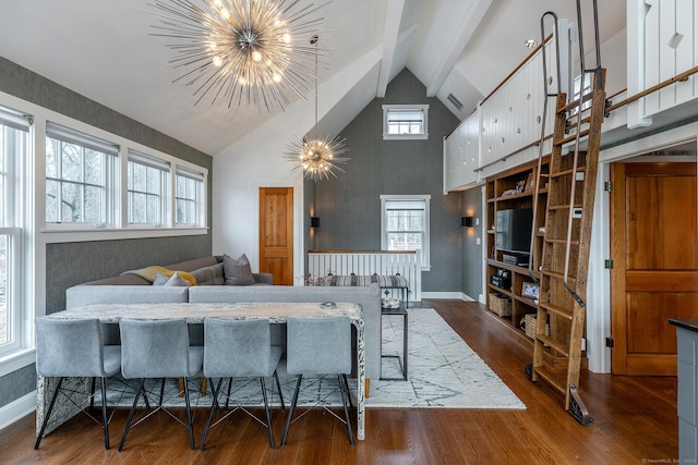 dining area featuring high vaulted ceiling, beam ceiling, wood finished floors, baseboards, and a chandelier