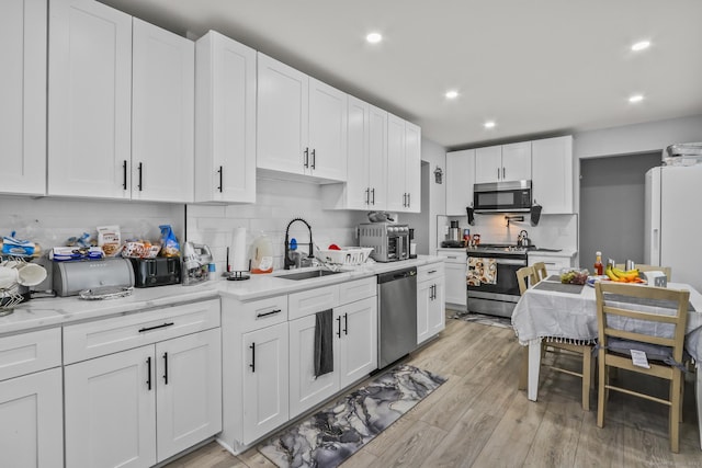 kitchen featuring appliances with stainless steel finishes, a sink, recessed lighting, backsplash, and white cabinets