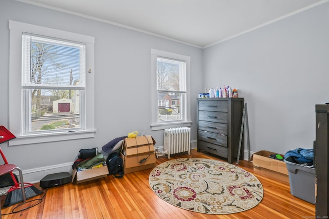 bedroom with radiator, wood finished floors, crown molding, and baseboards