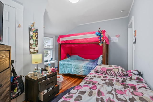 bedroom with wood finished floors, vaulted ceiling, and radiator