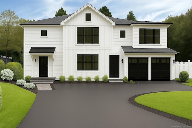 706 Judd St, Fairfield, CT 06825 - modern farmhouse with board and batten siding, an attached garage, driveway, entry steps, and roof with shingles