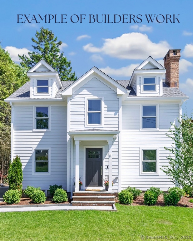 706 Judd St, Fairfield, CT 06825 - view of front of property featuring a front yard, a chimney, and roof with shingles