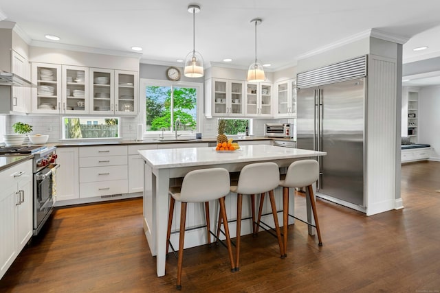kitchen featuring high quality appliances, a sink, recessed lighting, backsplash, and crown molding