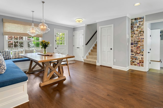 dining room with stairway, baseboards, dark wood-type flooring, ornamental molding, and recessed lighting