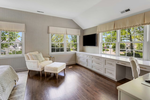 bedroom featuring vaulted ceiling, dark wood-style floors, and baseboards