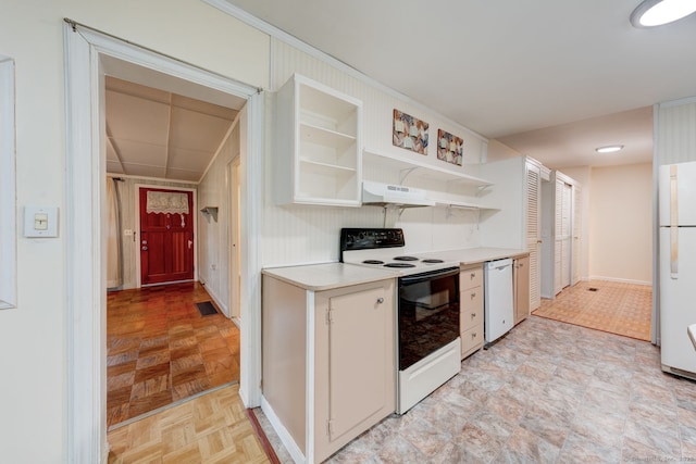 kitchen featuring white appliances, under cabinet range hood, light countertops, open shelves, and white cabinetry