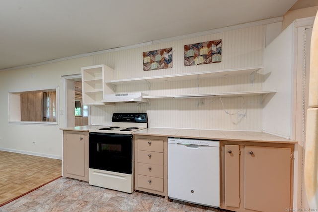 kitchen with dishwasher, electric stove, open shelves, under cabinet range hood, and crown molding