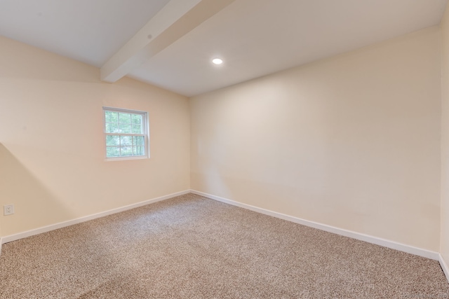 unfurnished room with carpet floors, baseboards, beamed ceiling, and recessed lighting