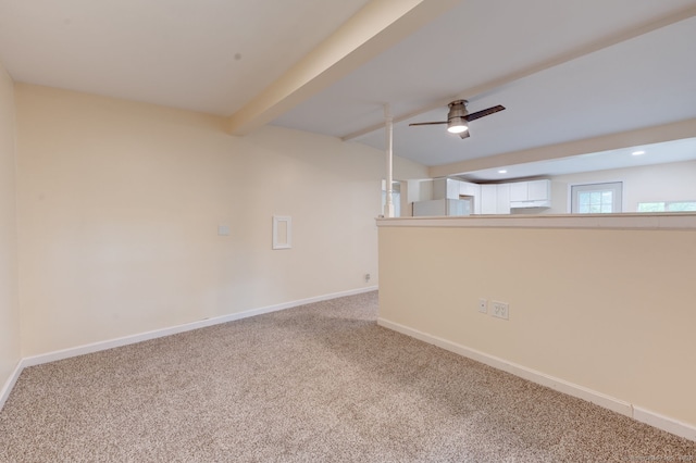 carpeted empty room with beam ceiling, baseboards, a ceiling fan, and recessed lighting