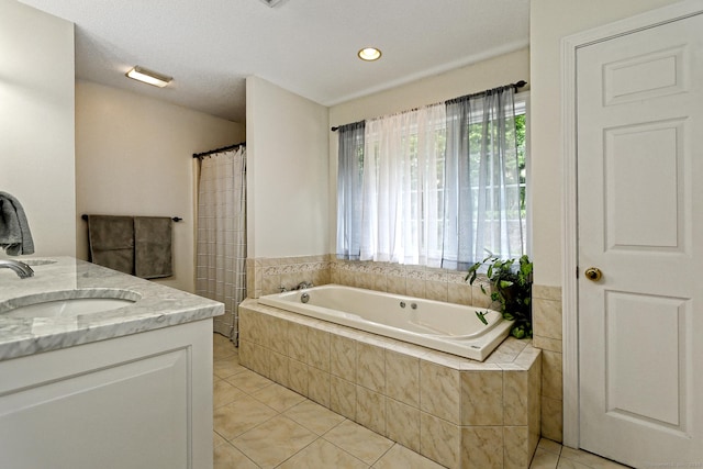 250 Wooding Hill Rd, Bethany, CT 06524 - bathroom with a garden tub, tile patterned floors, double vanity, recessed lighting, and a shower with shower curtain