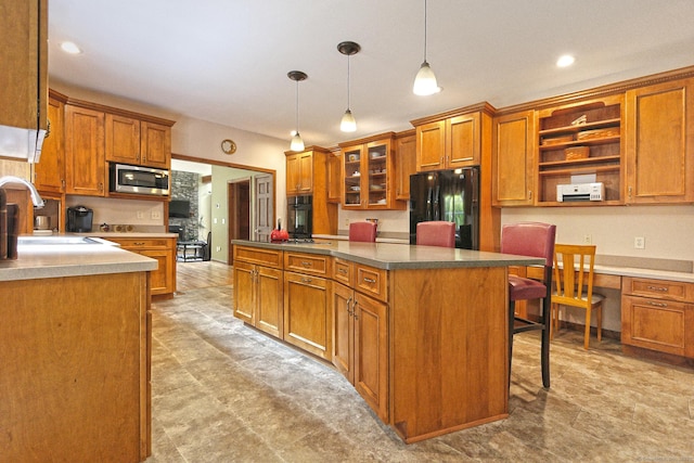 250 Wooding Hill Rd, Bethany, CT 06524 - kitchen with black appliances, brown cabinetry, a sink, open shelves, and recessed lighting