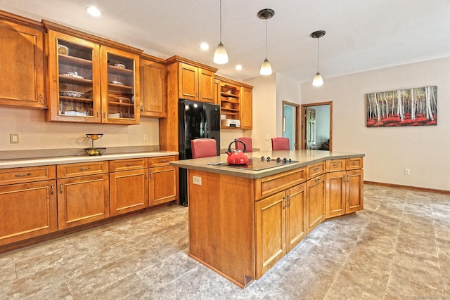 250 Wooding Hill Rd, Bethany, CT 06524 - kitchen with black appliances, brown cabinets, hanging light fixtures, glass insert cabinets, and recessed lighting