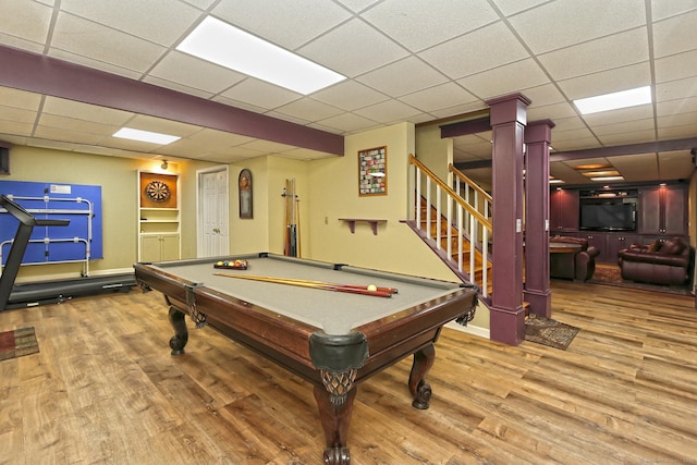 250 Wooding Hill Rd, Bethany, CT 06524 - recreation room featuring wood finished floors, a paneled ceiling, decorative columns, and billiards table