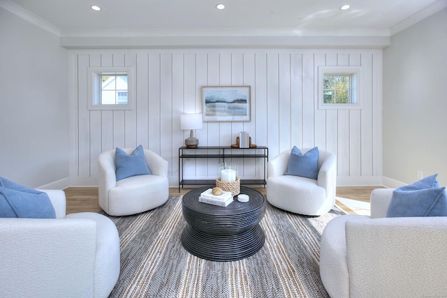 450 Penfield Rd, Fairfield, CT 06824 - living area with wood finished floors, baseboards, recessed lighting, and crown molding