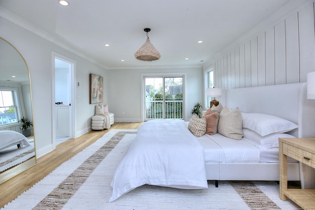 450 Penfield Rd, Fairfield, CT 06824 - bedroom featuring access to outside, wood finished floors, recessed lighting, crown molding, and baseboards