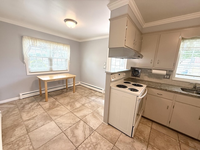 15-17 Beckerle St, Danbury, CT 06811 - kitchen with white electric range, under cabinet range hood, crown molding, backsplash, and a baseboard heating unit