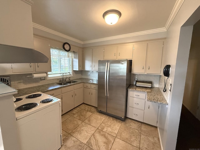 15-17 Beckerle St, Danbury, CT 06811 - kitchen featuring freestanding refrigerator, extractor fan, white electric range oven, ornamental molding, and backsplash