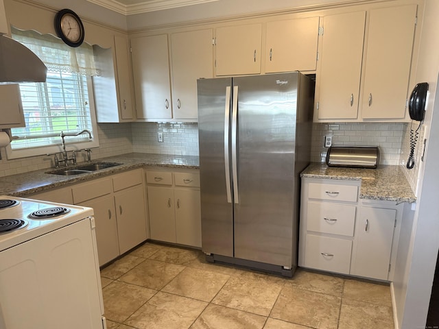 15-17 Beckerle St, Danbury, CT 06811 - kitchen featuring freestanding refrigerator, white electric range, backsplash, wall chimney range hood, and ornamental molding