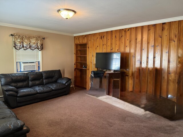 15-17 Beckerle St, Danbury, CT 06811 - carpeted living area with ornamental molding, wood walls, and cooling unit