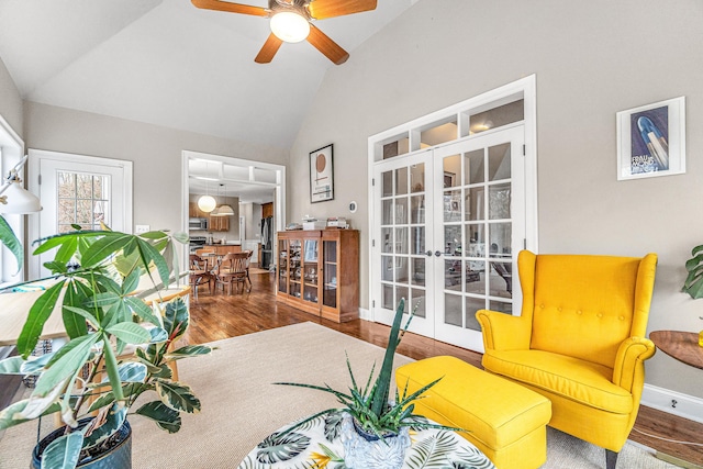 38 Marlin Rd, Newtown, CT 06482 - sitting room featuring french doors, wood finished floors, a ceiling fan, and high vaulted ceiling