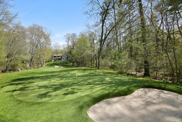 view of grassy yard featuring a putting area