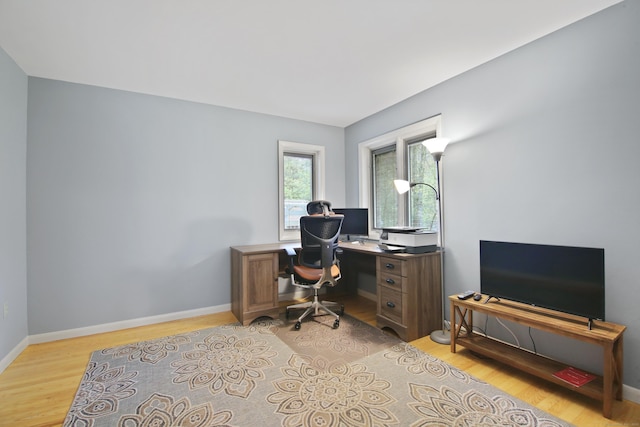 office space with light wood finished floors and baseboards