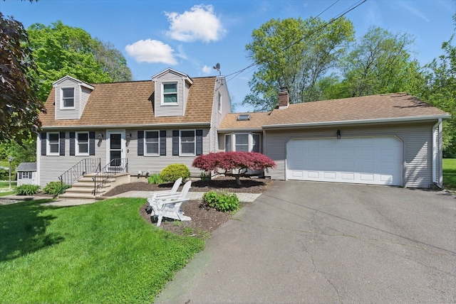 7 Beechwood Cir, Cromwell, CT 06416 - view of front of home with asphalt driveway, an attached garage, a front yard, a chimney, and roof with shingles