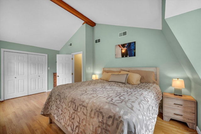 7 Beechwood Cir, Cromwell, CT 06416 - bedroom featuring wood finished floors, beamed ceiling, high vaulted ceiling, and a closet