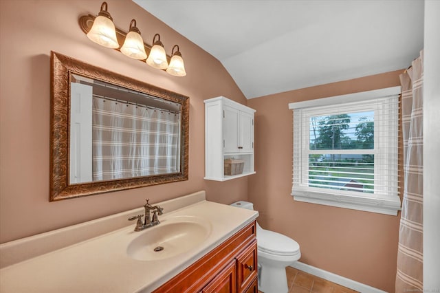 7 Beechwood Cir, Cromwell, CT 06416 - full bath featuring lofted ceiling, vanity, toilet, tile patterned floors, and baseboards