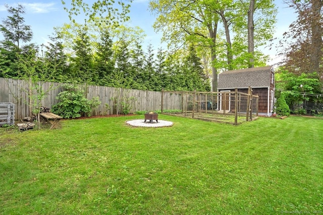view of yard featuring a fire pit, an outbuilding, and a storage shed