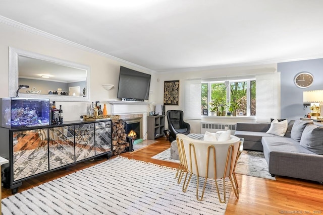 living room with radiator heating unit, ornamental molding, a fireplace with flush hearth, and wood finished floors