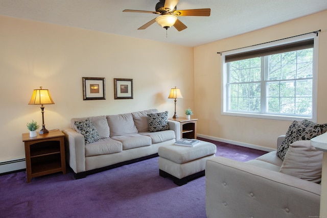living room featuring carpet floors, ceiling fan, and baseboards