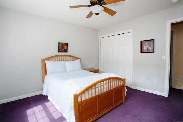 bedroom featuring carpet, a closet, baseboards, and ceiling fan