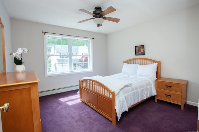 bedroom with a baseboard radiator, dark carpet, ceiling fan, and baseboards