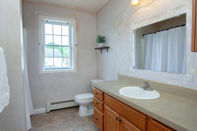 full bathroom with a baseboard heating unit, toilet, plenty of natural light, and vanity