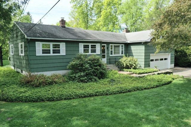 12 Cedar Ln, Oxford, CT 06478 - single story home with a chimney, a garage, a front lawn, and a shingled roof