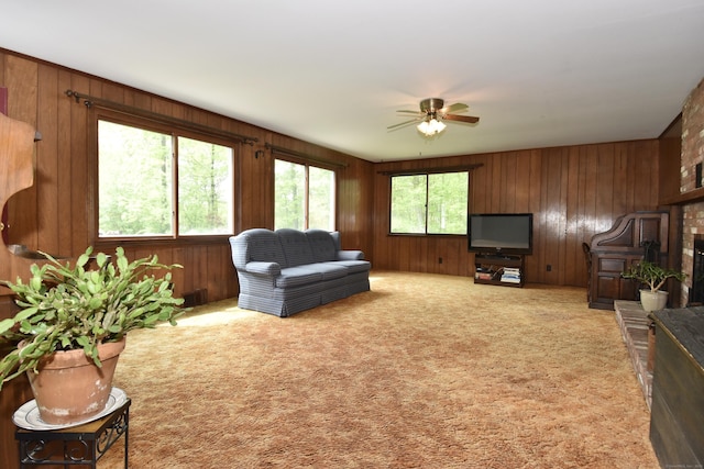 12 Cedar Ln, Oxford, CT 06478 - carpeted living area with ceiling fan and wooden walls