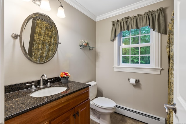 79 Erdoni Rd, Columbia, CT 06237 - bathroom featuring a baseboard radiator, ornamental molding, toilet, vanity, and baseboards