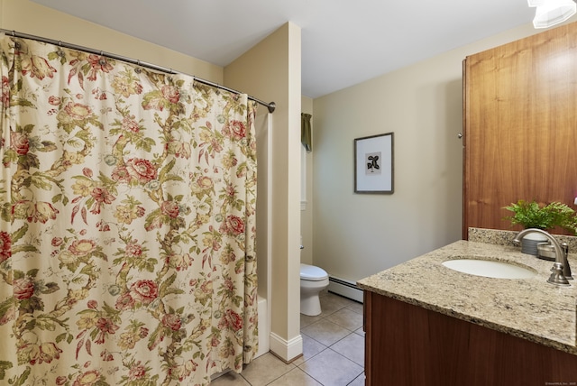 79 Erdoni Rd, Columbia, CT 06237 - bathroom featuring a baseboard heating unit, toilet, tile patterned floors, and vanity