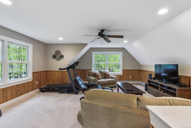 79 Erdoni Rd, Columbia, CT 06237 - living area featuring a wainscoted wall, wood walls, a ceiling fan, carpet floors, and recessed lighting