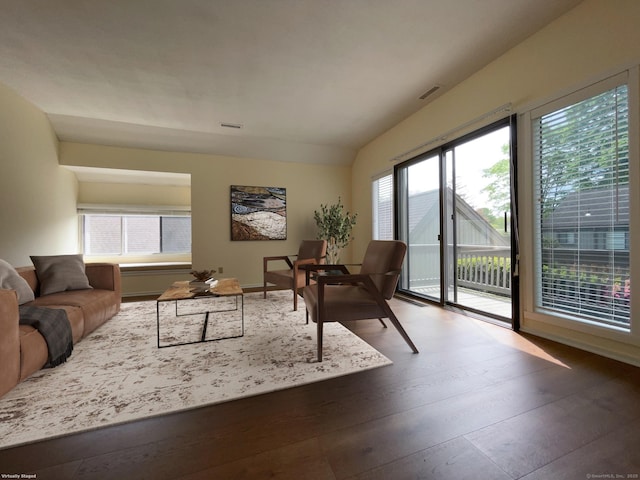 living room featuring lofted ceiling and hardwood / wood-style floors