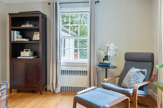 46 Glenbrook Rd, West Hartford, CT 06107 - sitting room with radiator heating unit, light wood finished floors, ornamental molding, and baseboards