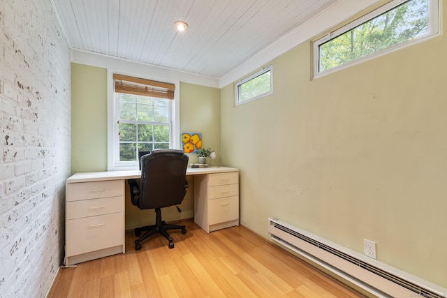 46 Glenbrook Rd, West Hartford, CT 06107 - office area featuring a baseboard heating unit, light wood-type flooring, wooden ceiling, and brick wall