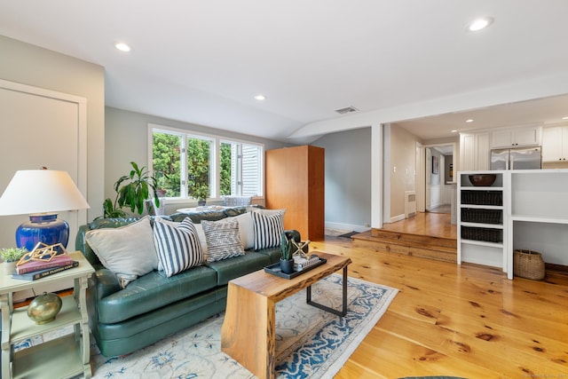 46 Glenbrook Rd, West Hartford, CT 06107 - living room featuring light wood-style flooring, lofted ceiling, recessed lighting, and baseboards