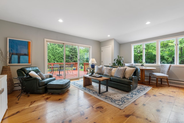 46 Glenbrook Rd, West Hartford, CT 06107 - living room featuring light wood-style flooring, a baseboard heating unit, and recessed lighting